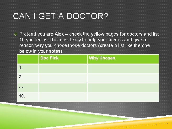 CAN I GET A DOCTOR? Pretend you are Alex – check the yellow pages CAN I GET A DOCTOR? Pretend you are Alex – check the yellow pages
