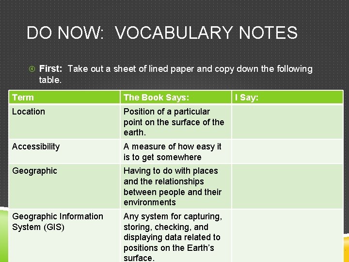 DO NOW: VOCABULARY NOTES First: Take out a sheet of lined paper and copy DO NOW: VOCABULARY NOTES First: Take out a sheet of lined paper and copy