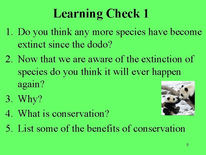Learning Check 1 1. Do you think any more species have become extinct since