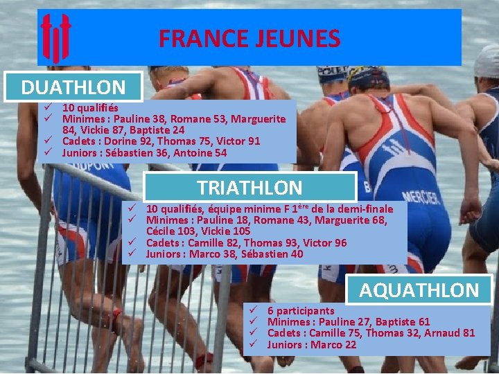 FRANCE JEUNES DUATHLON ü 10 qualifiés ü Minimes : Pauline 38, Romane 53, Marguerite