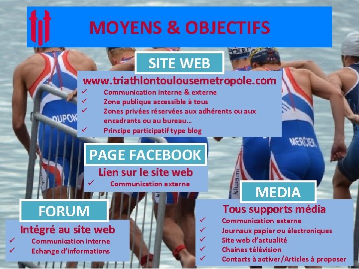 MOYENS & OBJECTIFS SITE WEB www. triathlontoulousemetropole. com Communication interne & externe Zone publique