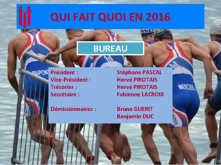 QUI FAIT QUOI EN 2016 BUREAU Président : Vice-Président : Trésorier : Secrétaire :