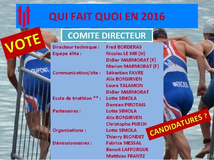 QUI FAIT QUOI EN 2016 E T VO COMITE DIRECTEUR Directeur technique : Equipe