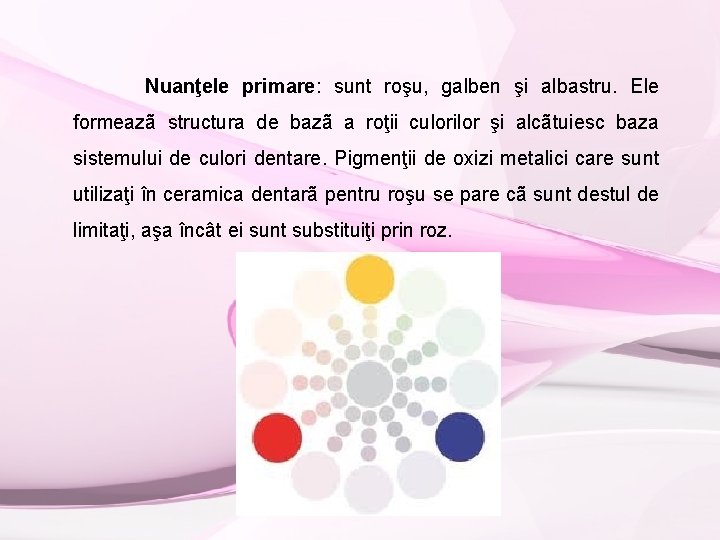 Nuanţele primare: sunt roşu, galben şi albastru. Ele formeazã structura de bazã a roţii