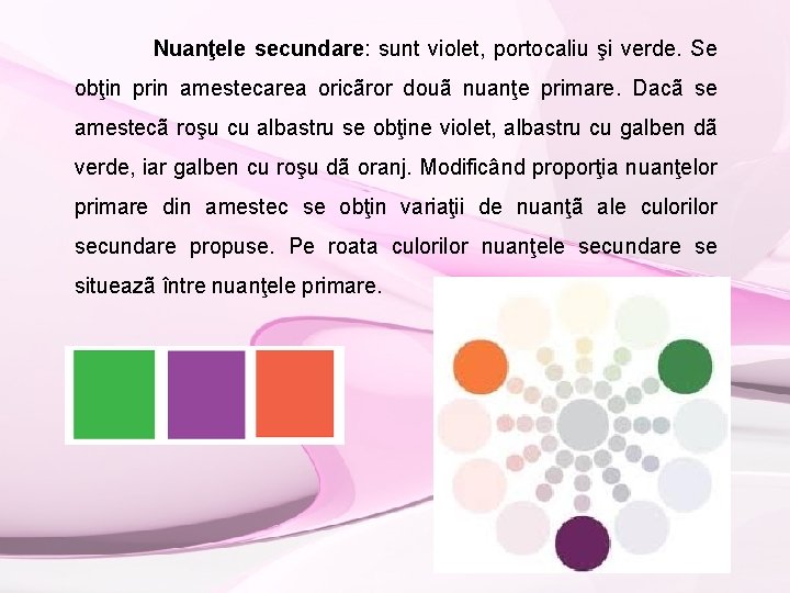 Nuanţele secundare: sunt violet, portocaliu şi verde. Se obţin prin amestecarea oricãror douã nuanţe