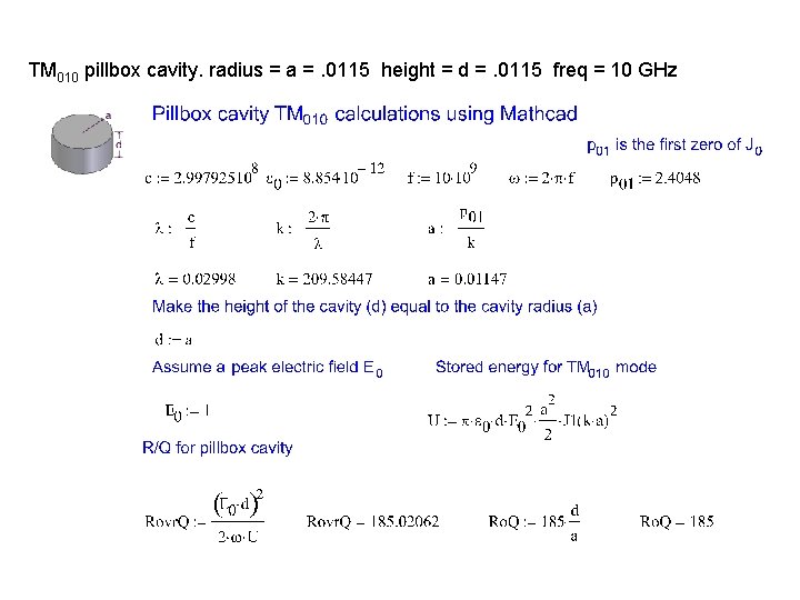 TM 010 pillbox cavity. radius = a =. 0115 height = d =. 0115