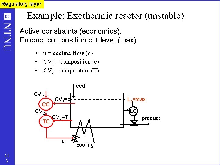 Regulatory layer Example: Exothermic reactor (unstable) Active constraints (economics): Product composition c + level