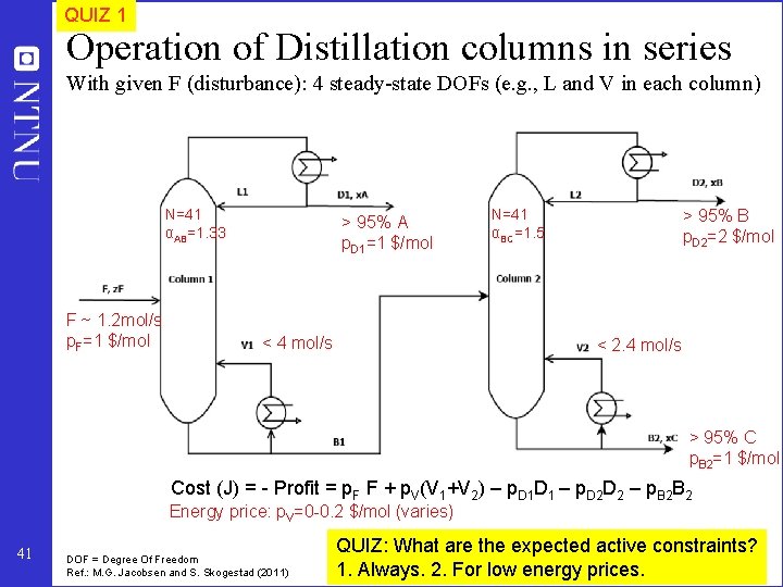 QUIZ 1 Operation of Distillation columns in series With given F (disturbance): 4 steady-state