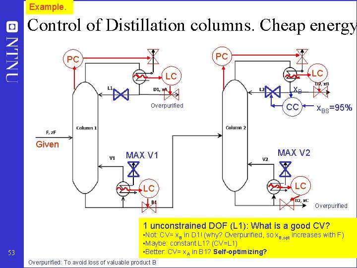 Example. Control of Distillation columns. Cheap energy PC PC LC LC x. B Overpurified