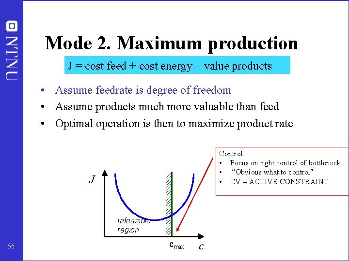 Mode 2. Maximum production J = cost feed + cost energy – value products