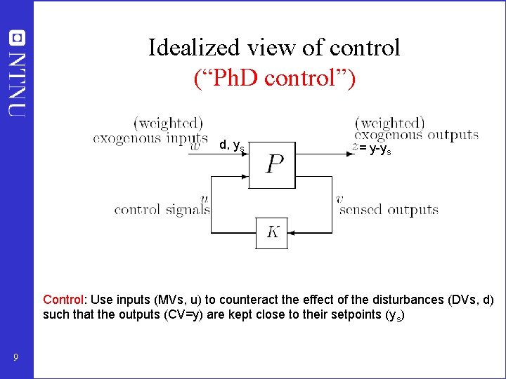 Idealized view of control (“Ph. D control”) d, ys = y-ys Control: Use inputs