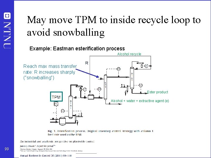 May move TPM to inside recycle loop to avoid snowballing Example: Eastman esterification process