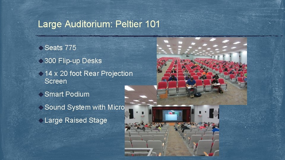 Large Auditorium: Peltier 101 u Seats u 300 775 Flip-up Desks u 14 x