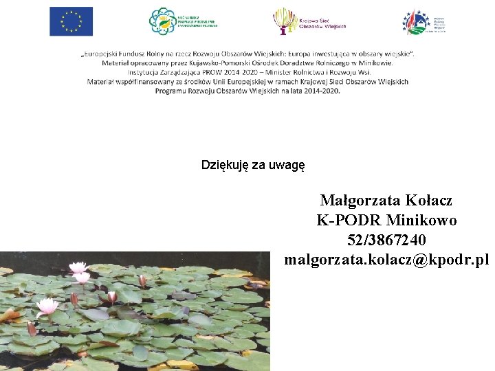 Dziękuję za uwagę Małgorzata Kołacz K-PODR Minikowo 52/3867240 malgorzata. kolacz@kpodr. pl 