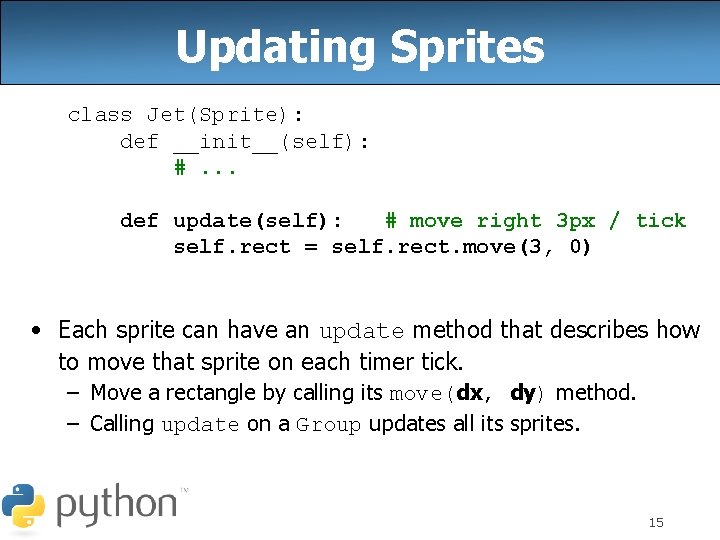 Updating Sprites class Jet(Sprite): def __init__(self): #. . . def update(self): # move right