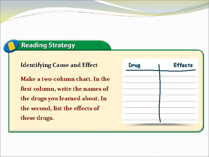 Identifying Cause and Effect Make a two-column chart. In the first column, write the