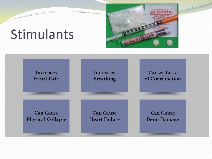 Stimulants Increases Heart Rate Increases Breathing Causes Loss of Coordination Cause Physical Collapse Can