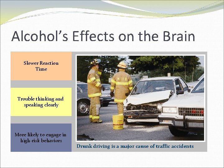 Alcohol’s Effects on the Brain Slower Reaction Time Trouble thinking and speaking clearly More