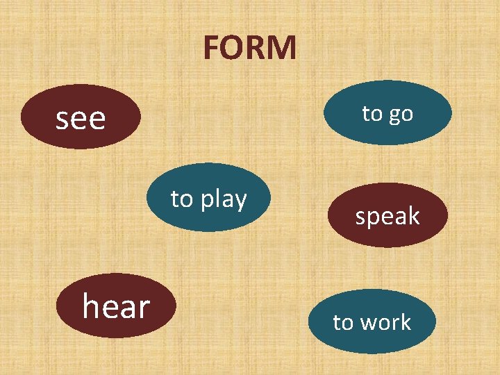 FORM see to go to play hear speak to work 