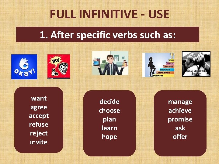 FULL INFINITIVE - USE 1. After specific verbs such as: want agree accept refuse