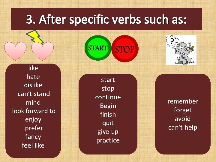 3. After specific verbs such as: like hate dislike can’t stand mind look forward