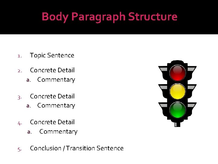 Body Paragraph Structure 1. Topic Sentence 2. Concrete Detail a. Commentary 3. Concrete Detail