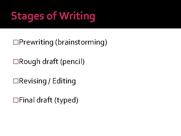 Stages of Writing �Prewriting (brainstorming) �Rough draft (pencil) �Revising / Editing �Final draft (typed)