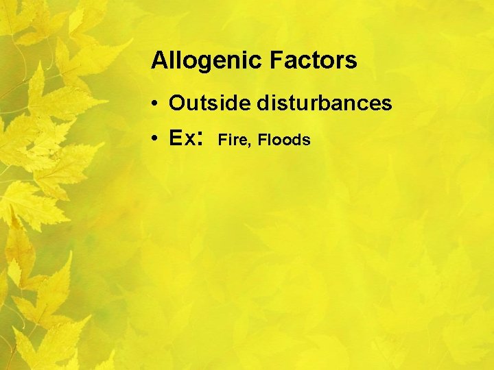 Allogenic Factors • Outside disturbances • Ex: Fire, Floods 