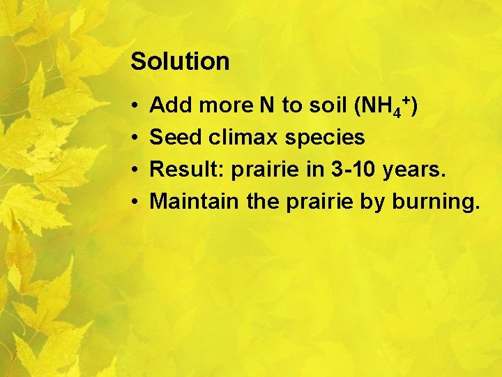 Solution • • Add more N to soil (NH 4+) Seed climax species Result: