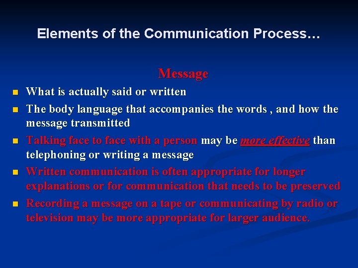 Elements of the Communication Process… Message n n n What is actually said or