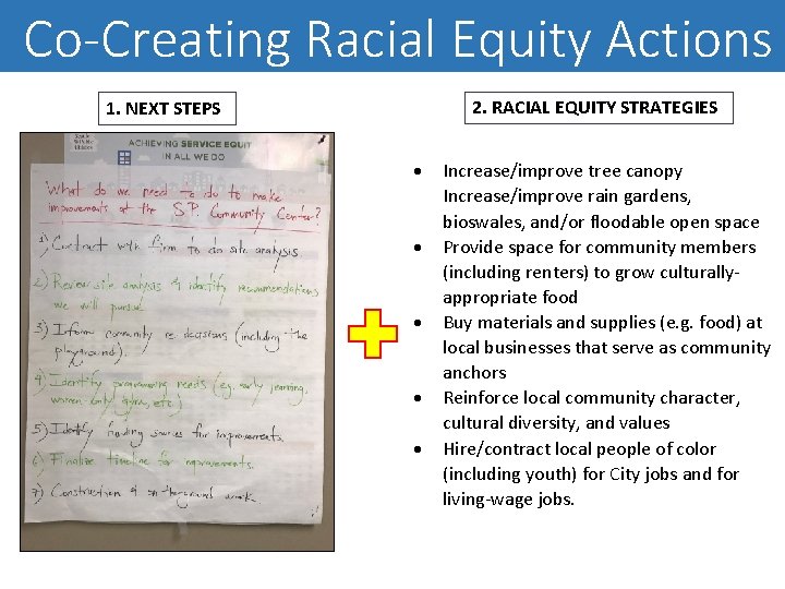 Co-Creating Racial Equity Actions 2. RACIAL EQUITY STRATEGIES 1. NEXT STEPS Increase/improve tree canopy