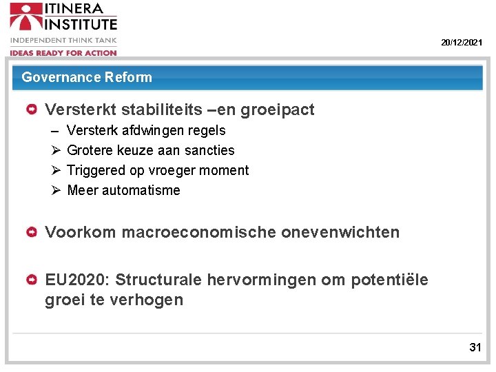 20/12/2021 Governance Reform Versterkt stabiliteits –en groeipact – Ø Ø Ø Versterk afdwingen regels