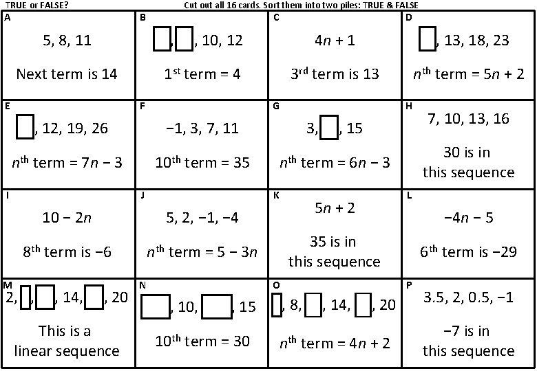 TRUE or FALSE? A Cut out all 16 cards. Sort them into two piles:
