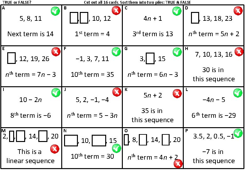 TRUE or FALSE? A Cut out all 16 cards. Sort them into two piles: