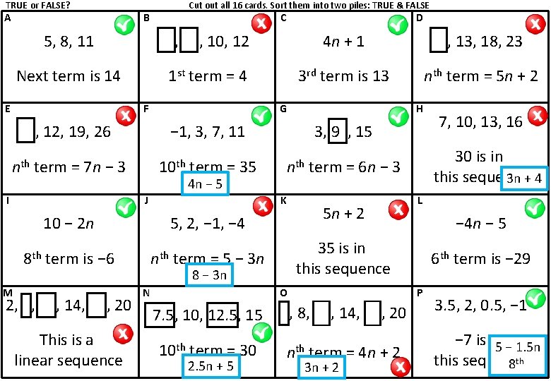TRUE or FALSE? A Cut out all 16 cards. Sort them into two piles: