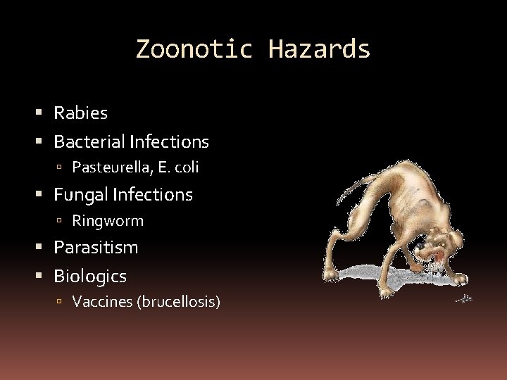 Zoonotic Hazards Rabies Bacterial Infections Pasteurella, E. coli Fungal Infections Ringworm Parasitism Biologics Vaccines