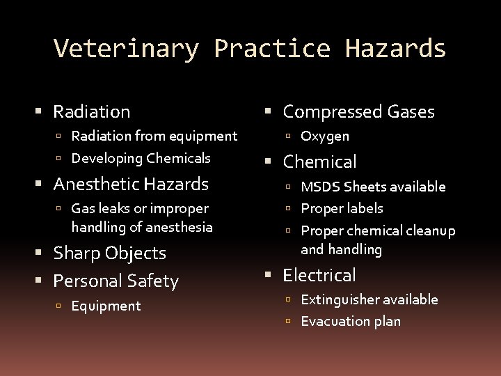 Veterinary Practice Hazards Radiation from equipment Developing Chemicals Anesthetic Hazards Gas leaks or improper