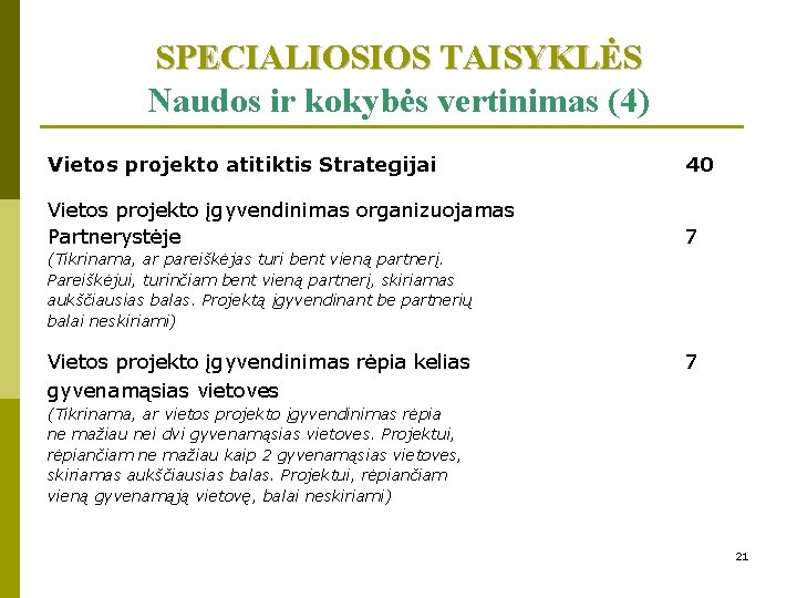 SPECIALIOSIOS TAISYKLĖS Naudos ir kokybės vertinimas (4) Vietos projekto atitiktis Strategijai 40 Vietos projekto