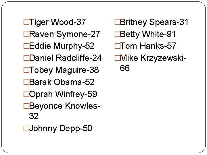 �Tiger Wood-37 �Britney Spears-31 �Raven Symone-27 �Betty White-91 �Eddie Murphy-52 �Tom Hanks-57 �Daniel Radcliffe-24