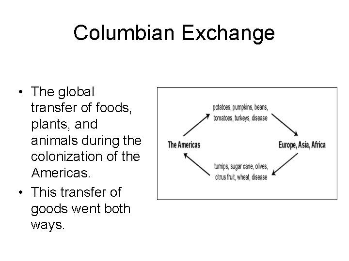 Columbian Exchange • The global transfer of foods, plants, and animals during the colonization