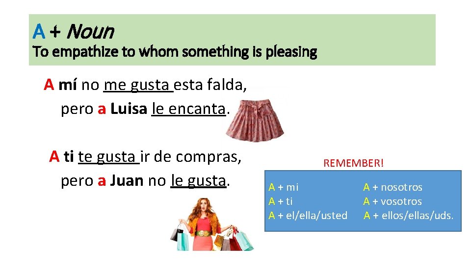 A + Noun To empathize to whom something is pleasing A mí no me