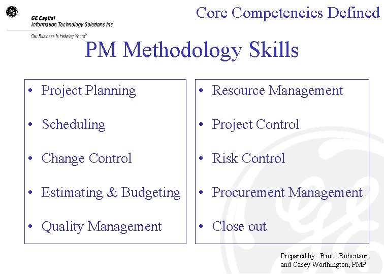 Core Competencies Defined PM Methodology Skills • Project Planning • Resource Management • Scheduling