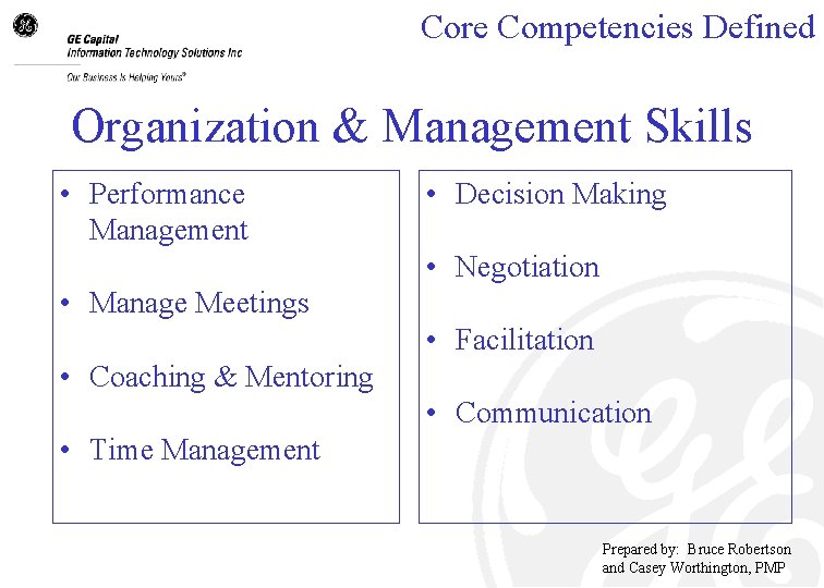 Core Competencies Defined Organization & Management Skills • Performance Management • Decision Making •