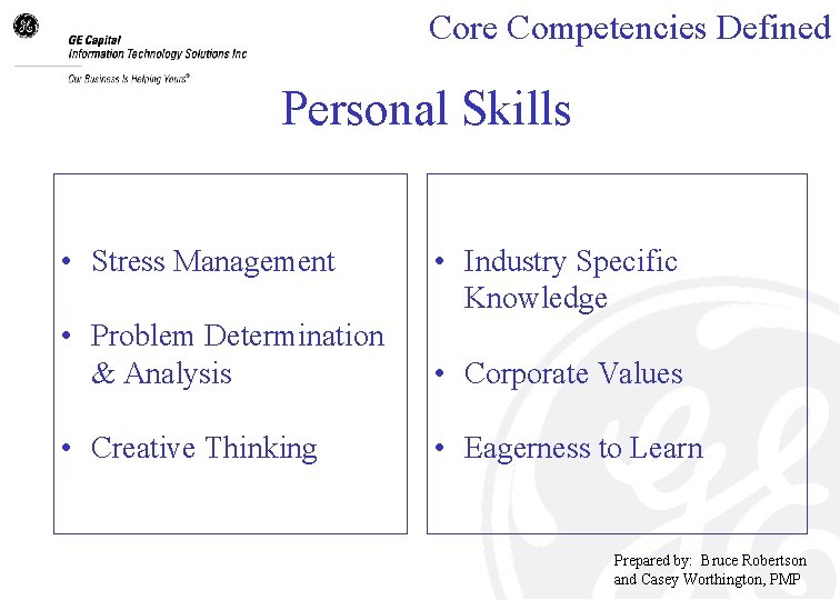Core Competencies Defined Personal Skills • Stress Management • Industry Specific Knowledge • Problem