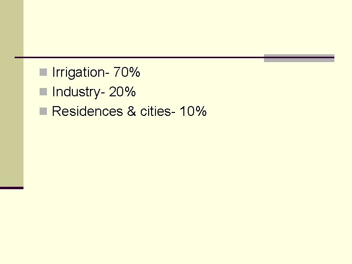 n Irrigation- 70% n Industry- 20% n Residences & cities- 10% 