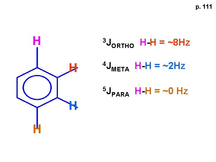 p. 111 H H 3 J ORTHO H-H = ~8 Hz 4 J META