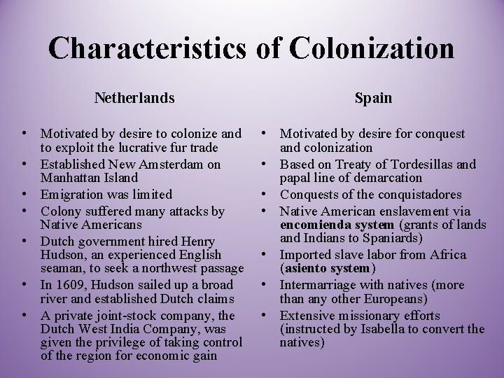 Characteristics of Colonization Netherlands Spain • Motivated by desire to colonize and to exploit