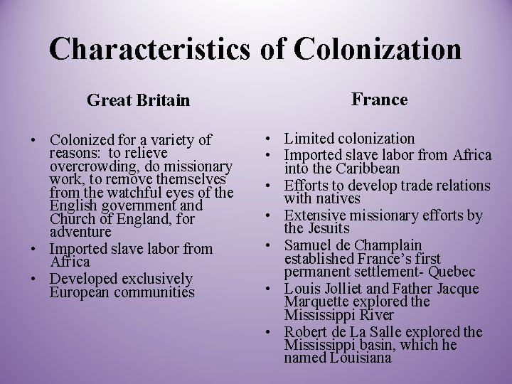 Characteristics of Colonization Great Britain • Colonized for a variety of reasons: to relieve
