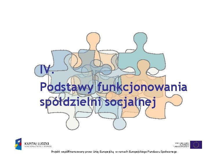 IV. Podstawy funkcjonowania spółdzielni socjalnej Projekt współfinansowany przez Unię Europejską w ramach Europejskiego Funduszu