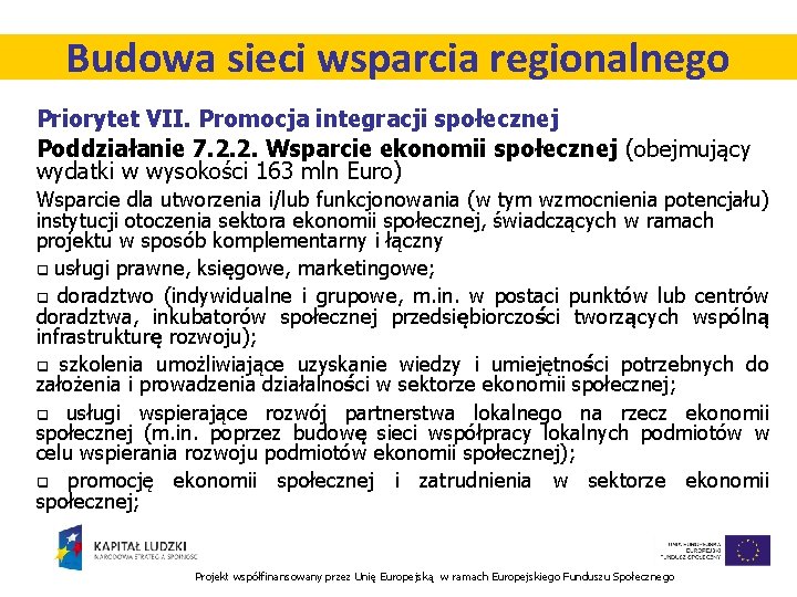 Budowa sieci wsparcia regionalnego Priorytet VII. Promocja integracji społecznej Poddziałanie 7. 2. 2. Wsparcie